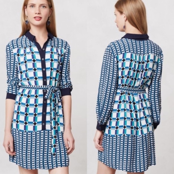 Anthropologie Dresses & Skirts - Maeve Geometric Belted Button Front Shirtdress